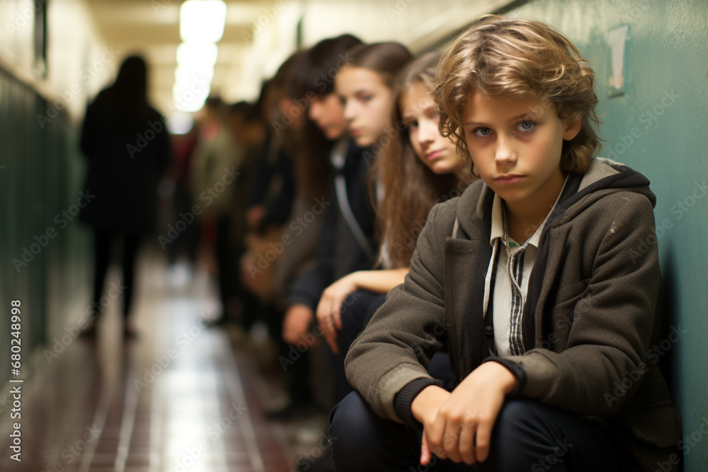 Portrait of a child guilty at school in the corridor Portrait of a child guilty at school in the corridor