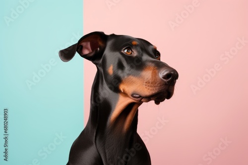 cute doberman pinscher sitting on a pastel or soft colors background