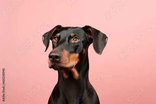 cute doberman pinscher sitting isolated in a pastel or soft colors background