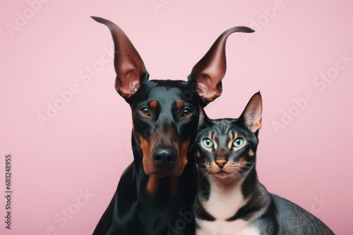 funny doberman pinscher cuddling with a cat isolated on a pastel or soft colors background