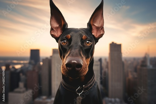 funny doberman pinscher being in front of a city skyline in front of a pastel or soft colors background