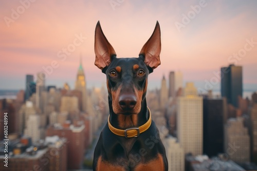 funny doberman pinscher being in front of a city skyline while standing against a pastel or soft colors background