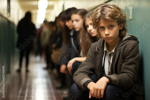 Portrait of a child guilty at school in the corridor photo