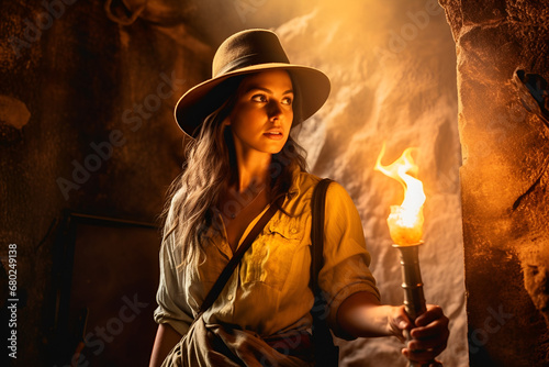 Jeune femme aventurier avec une torche dans un tombeau sombre photo