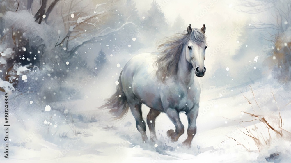 
Christmas horse in snow Beautiful whimsical winter landscape