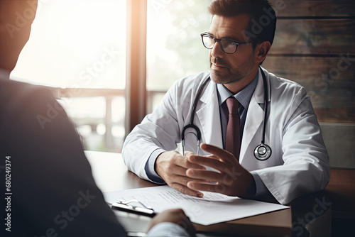 Close-up of doctors writing a treatment prescription to patient at the hospital office