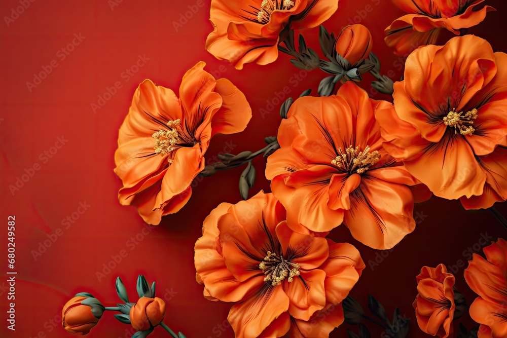  a bunch of orange flowers on a red background with green stems and green leaves on the top of the petals.