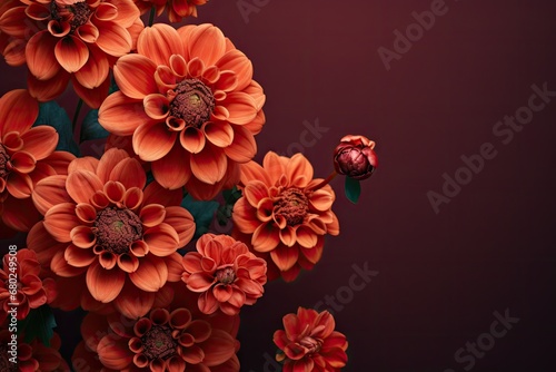  a bunch of orange flowers on a black background with a red center and green leaves in the middle of the petals.