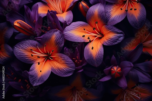  a bunch of purple and orange flowers on a black background with a red center surrounded by smaller purple and orange flowers.