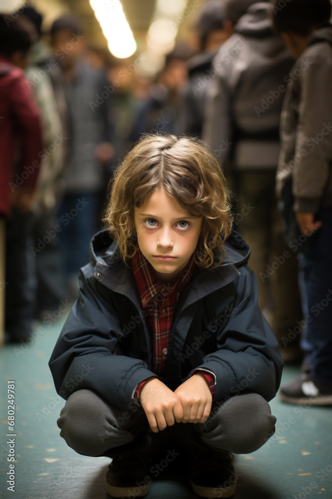 Portrait of a child guilty at school in the corridor Portrait of a child guilty at school in the corridor