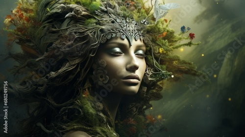 Illustration, woman as mother nature, copy space, 16:9
