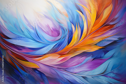 Vivid bursts of color converge and diverge, forming an abstract feather that radiates energy and vibrancy.