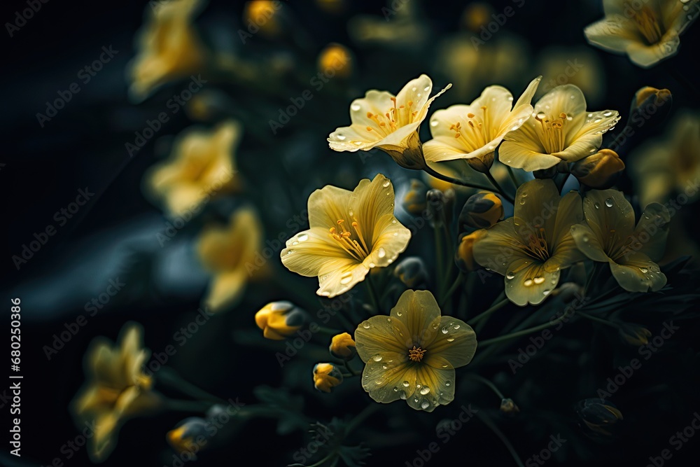 a bunch of yellow flowers sitting on top of a lush green leafy plant covered in drops of water on a black background. a bunch of yellow flowers sitting on top of a lush green leafy plant covered in drops of water on a black background.