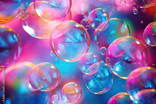  a group of soap bubbles floating on top of a blue and pink background with lots of bubbles floating on top of each other. © Nadia