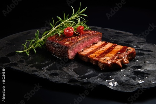  a piece of steak on a black plate with a sprig of rosemary on top of it and a piece of meat in the middle of the plate.