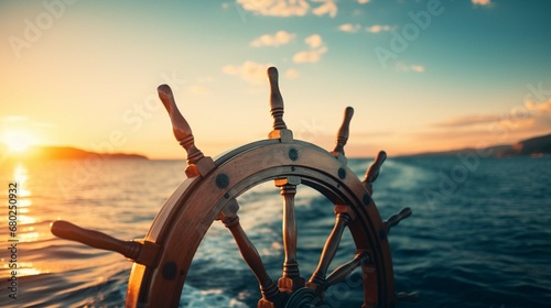  Ship wheel on boat with sea and sky. freedom and adventure. direction concept. photography