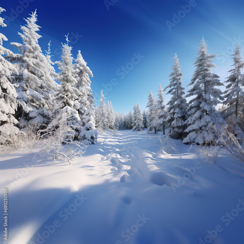 photos landscape with pinetree forest and snow, white background by Ai generated