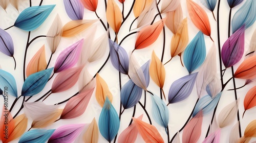  Wall hanging branches seamless pattern leaves fall with bright color flowers illustration background. 3d abstraction wallpaper for interior mural wall art decor .