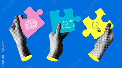 Modern collage with halftone hands holding a puzzle. Team building concept. People holding a pieces of jigsaw. Teamwork. Team communication. Joint cooperation. Idea generation. Newspaper elements