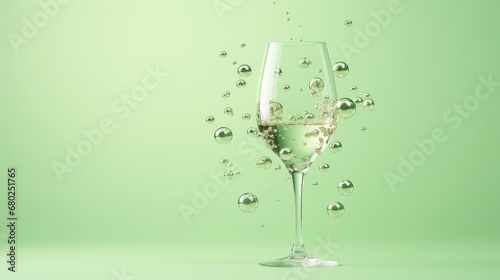  a glass of white wine with bubbles on a green background with a drop of water on the bottom of the glass.