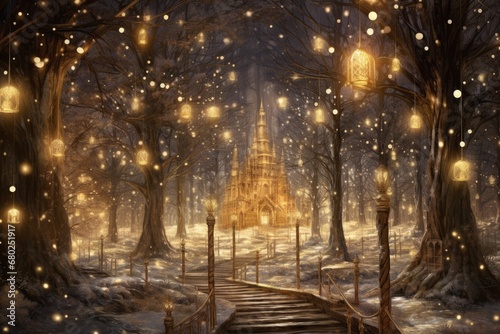  a painting of a path through a snowy forest with a clock tower in the distance and lanterns hanging from the trees. © Nadia