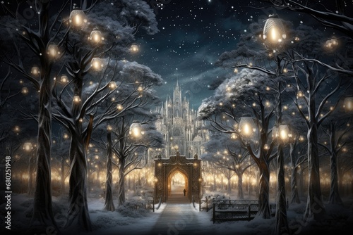  a painting of a night scene with a castle in the middle of a snowy forest with lights on the trees.