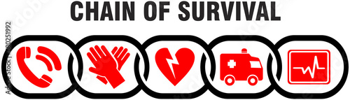 Chain of survival illustration.  Steps in the event of a heart emergency. 