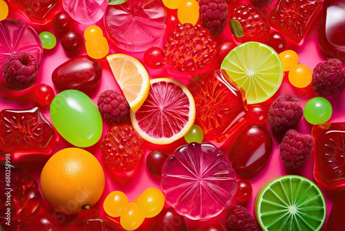 a close up of a bunch of different fruits and vegetables on a pink surface with oranges, raspberries, lemons, and limes.