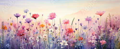 wild flower garden in warm watercolor colours #680252375