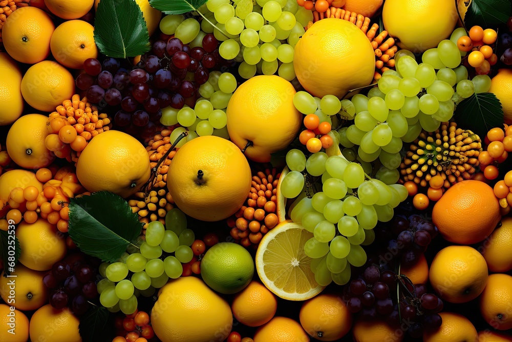  a pile of oranges, grapes, lemons, and grapefruits with leaves on top of them.
