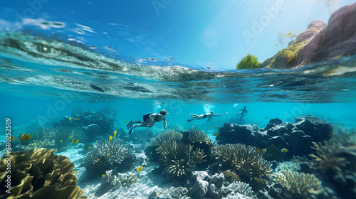 coral reef with fish and scuba divers