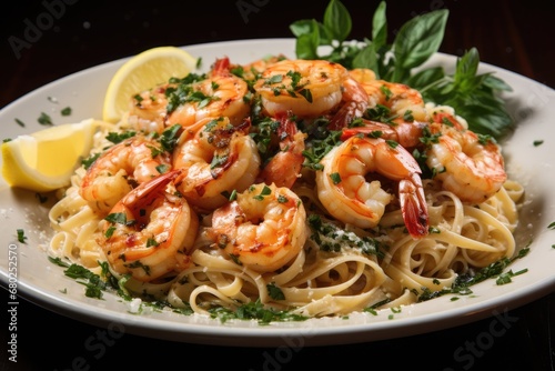  a plate of pasta with shrimp, parsley, and lemon wedges on a wooden table with a green leafy garnish.