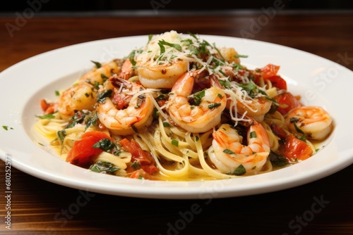  a plate of pasta with shrimp, tomatoes, and parmesan sprinkled with parmesan cheese.