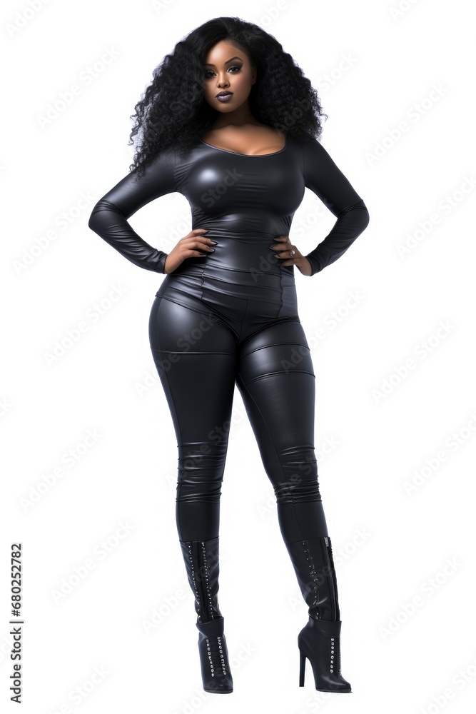 A Mysterious Femme Fatale in a Stylish Black Leather Ensemble A Mysterious Femme Fatale in a Stylish Black Leather Ensemble