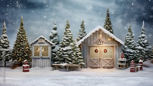 Whimsical Christmas tree farm photography backdrop, in winter at Christmas, © Amal