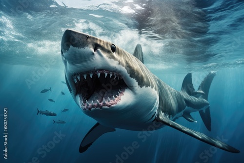  a great white shark with it s mouth open and it s mouth wide open  swimming in the ocean.