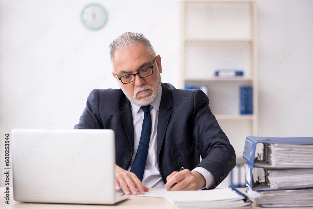 Old male employee working in the office Old male employee working in the office