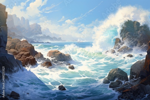  a painting of a rocky coast with waves crashing against the rocks and a blue sky with white puffy clouds.