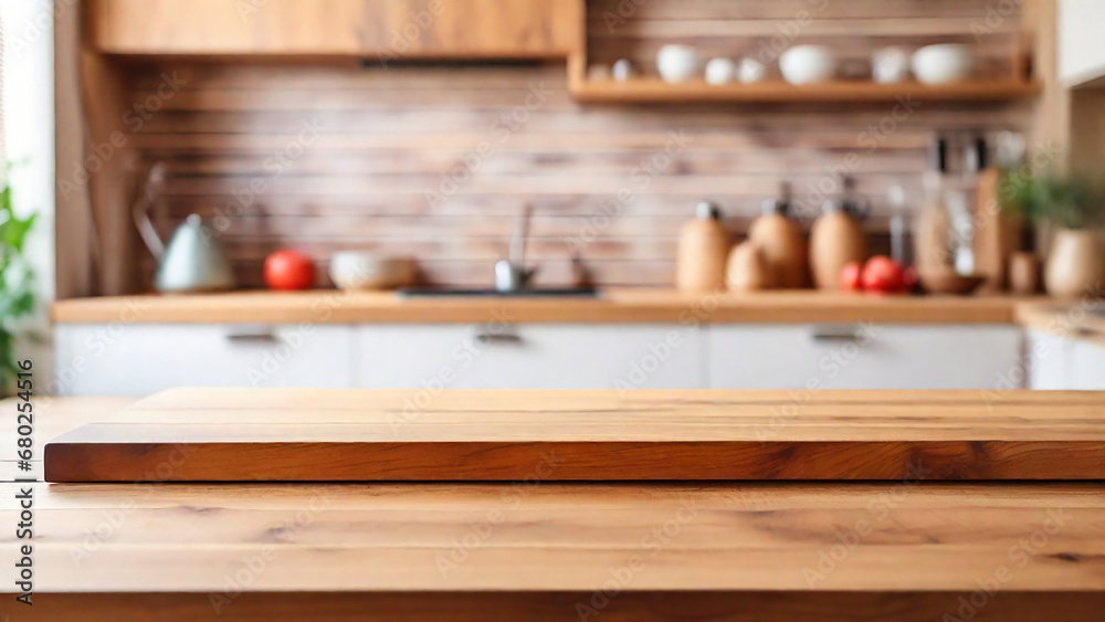 Empty wooden table and blurred kitchen interior background, product display montage Empty wooden table and blurred kitchen interior background, product display montage