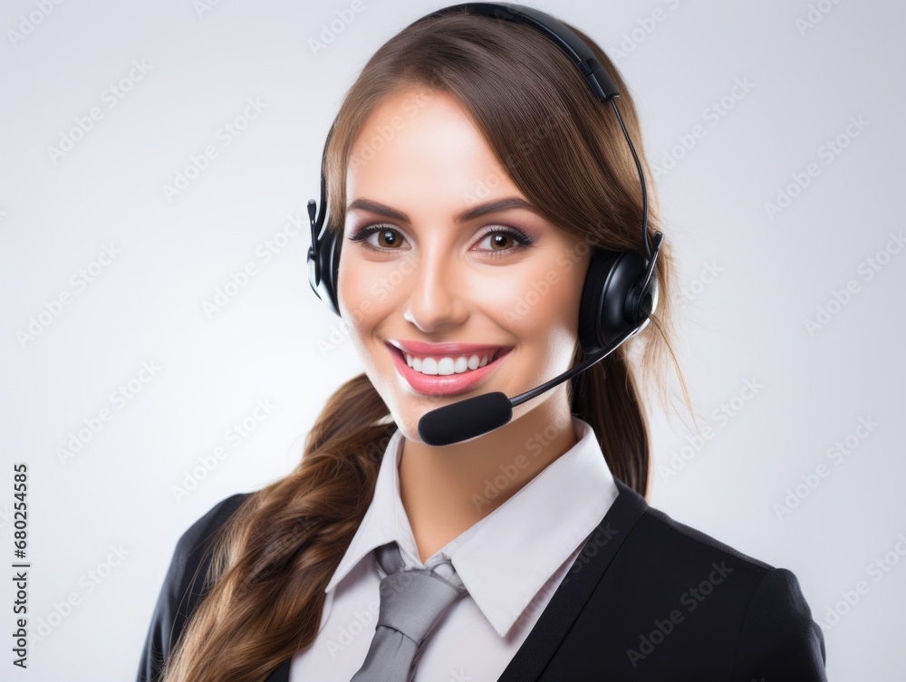 Half body photo of happy Caucasian call center worker with headphones standing with isolated white background Half body photo of happy Caucasian call center worker with headphones standing with isolated white background