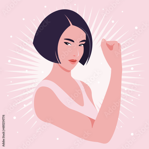 Portrait of an Asian woman in half-turn showing her arm and muscles. Gesture. Women’s rights and diversity. Avatar for social media. Vector illustration in flat style.