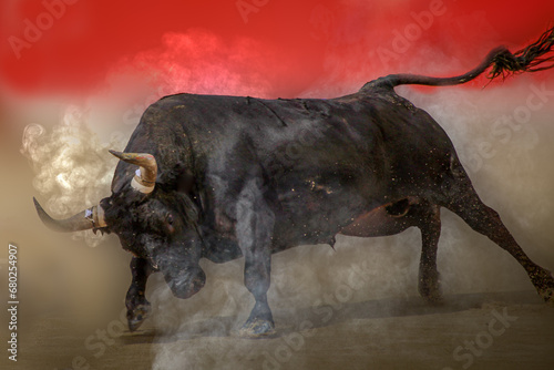 close-up of a large black bull charging in a bullfight photo