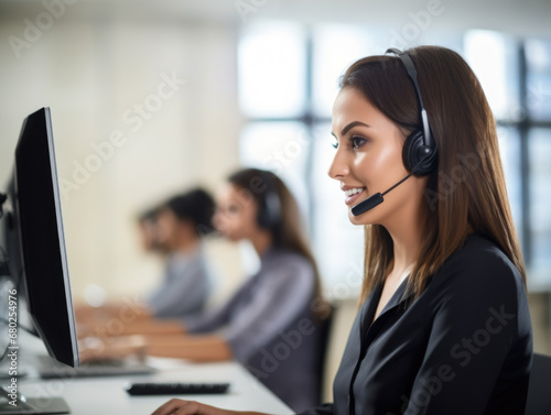 Happy Caucasian call center worker with headphones working in the office