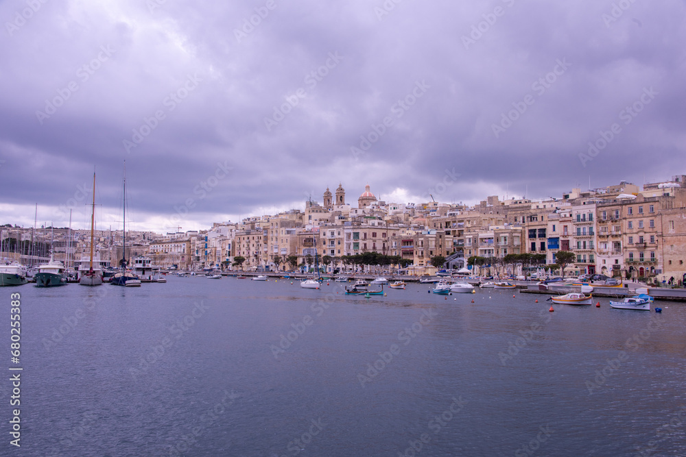 The medieval limestone city of Valletta, Malta with its main symbols