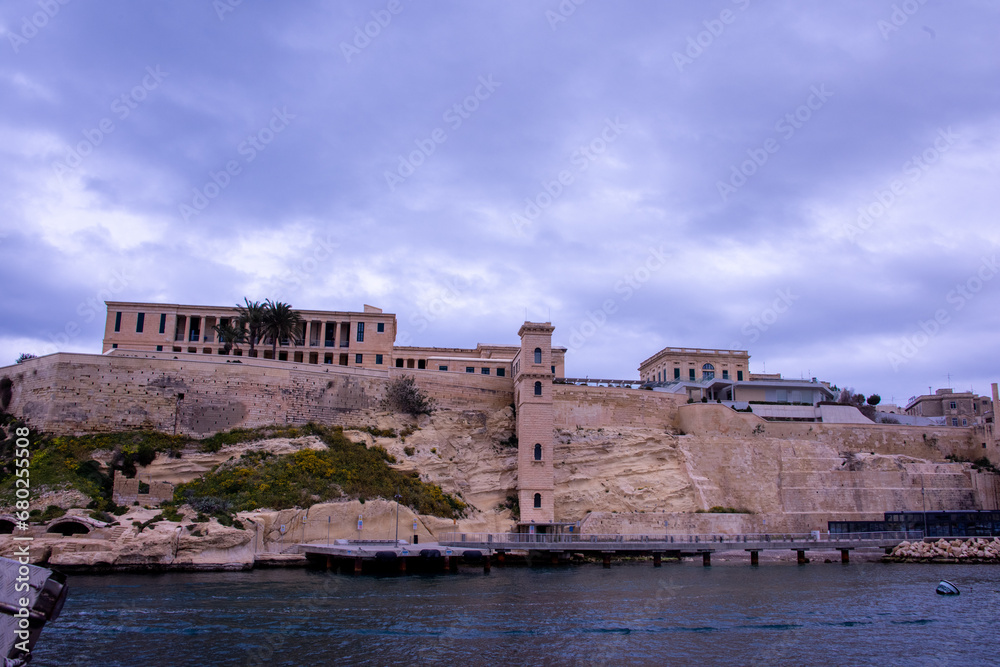 The medieval limestone city of Valletta, Malta with its main symbols