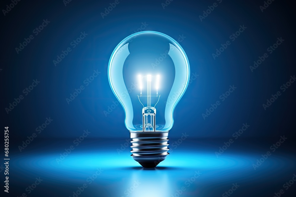a glowing light bulb on a blue background with a reflection of a light bulb on the bottom of the bulb. a glowing light bulb on a blue background with a reflection of a light bulb on the bottom of the bulb.