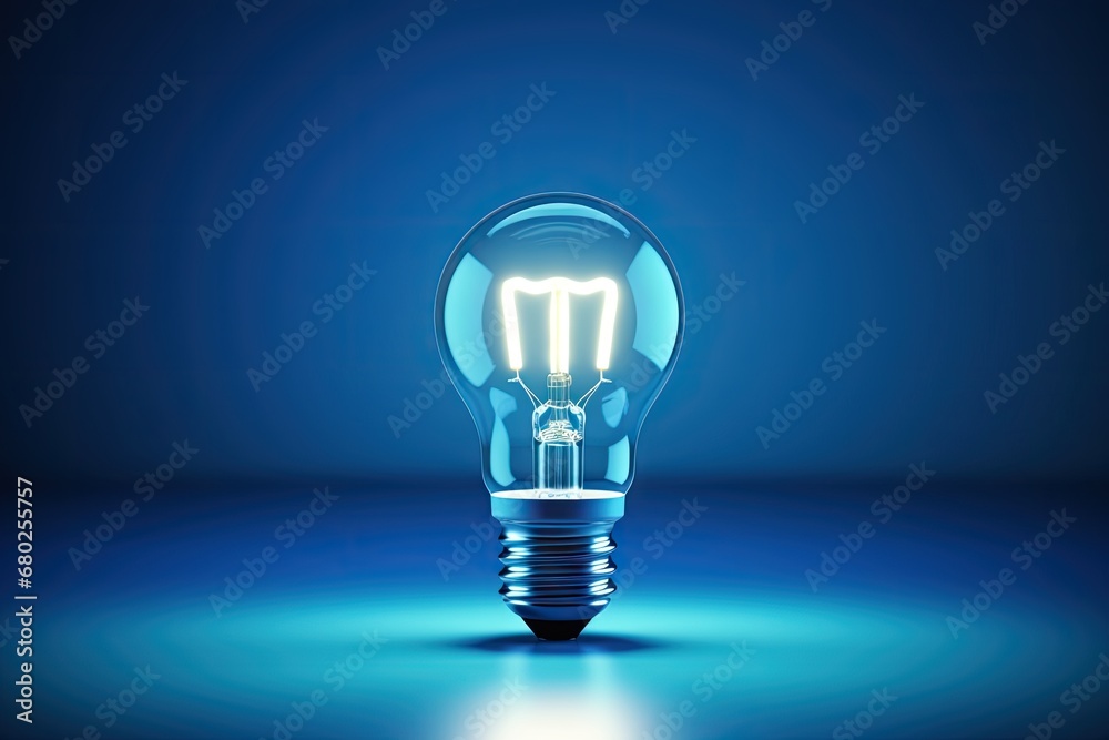 a blue light bulb on a blue background with a reflection of the light on the floor and a reflection of the light on the floor. a blue light bulb on a blue background with a reflection of the light on the floor and a reflection of the light on the floor.