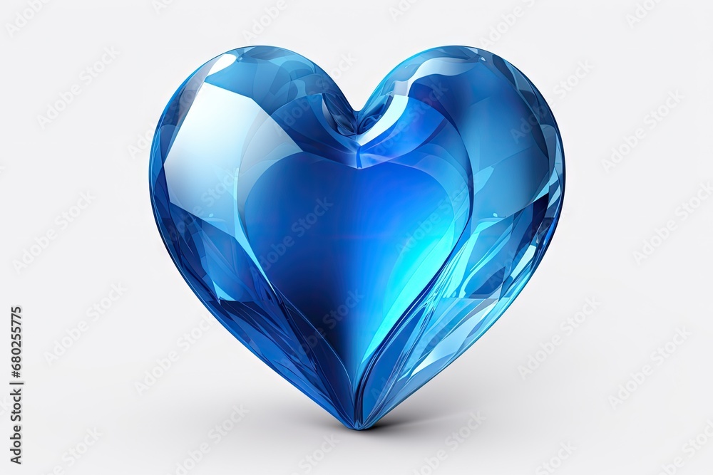 a blue glass heart shaped object on a white background with a reflection of the heart in the middle of the image. a blue glass heart shaped object on a white background with a reflection of the heart in the middle of the image.