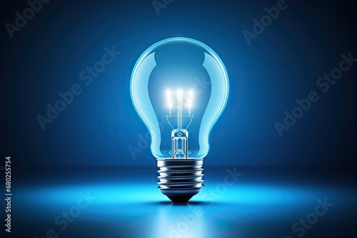  a glowing light bulb on a blue background with a reflection of a light bulb on the bottom of the bulb.