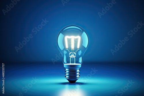 a blue light bulb on a blue background with a reflection of the light on the floor and a reflection of the light on the floor.